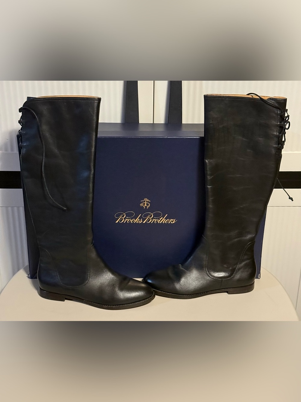 Brooks Brothers Black Calfskin Leather Knee High Lace-Back Boots